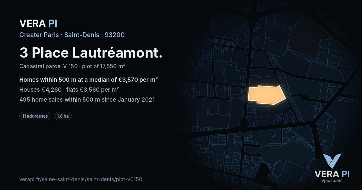 3 Place Lautréamont, Saint-Denis at night – the plot lit, the parcels around coloured by the prices near them