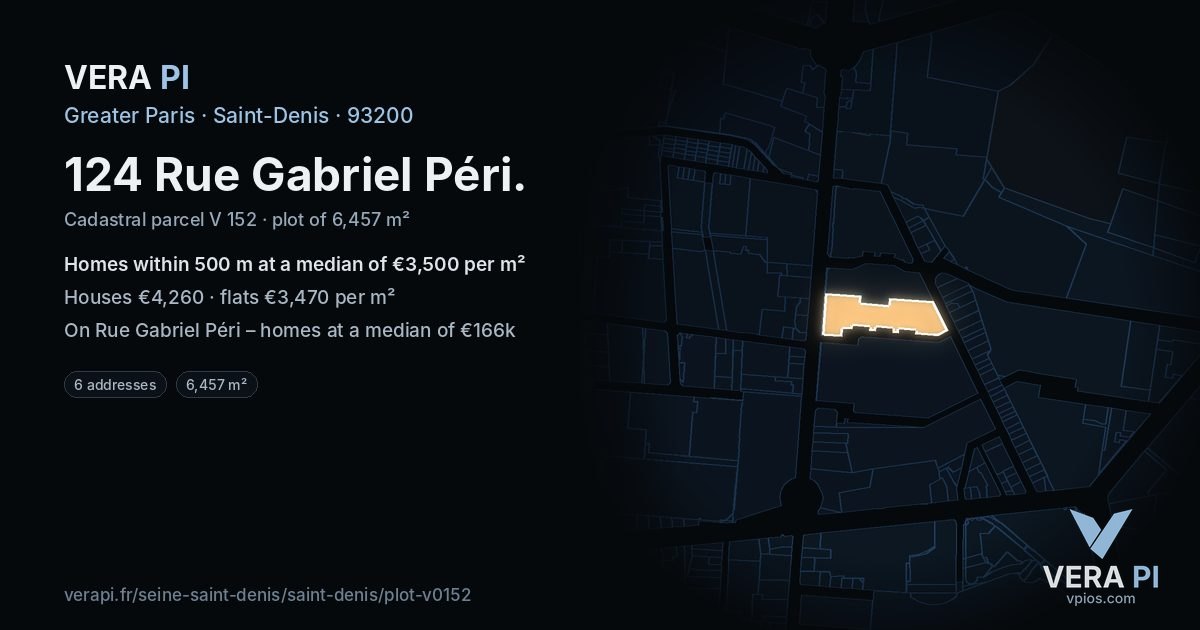 124 Rue Gabriel Péri, Saint-Denis at night – the plot lit, the parcels around coloured by the prices near them