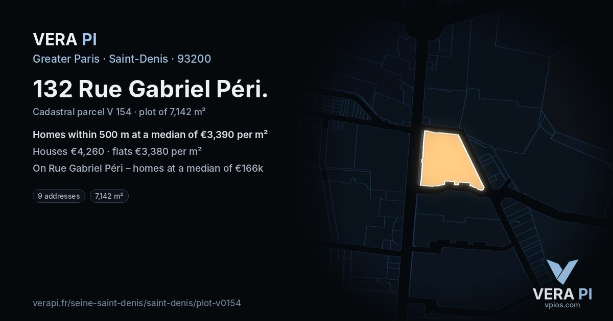 132 Rue Gabriel Péri, Saint-Denis at night – the plot lit, the parcels around coloured by the prices near them