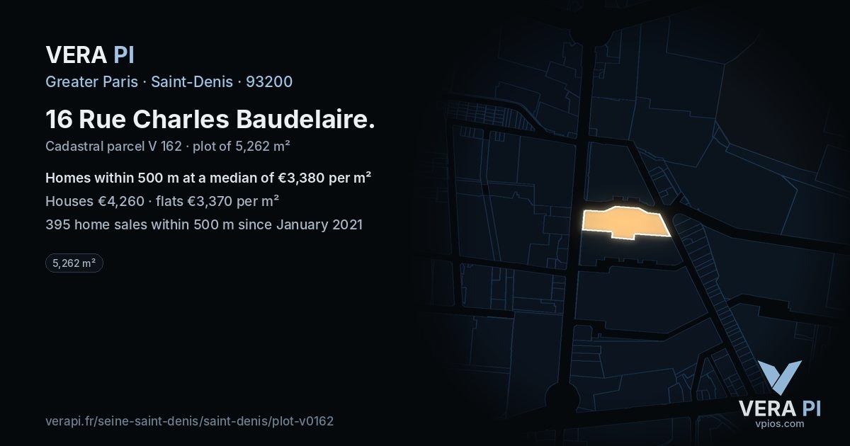 16 Rue Charles Baudelaire, Saint-Denis at night – the plot lit, the parcels around coloured by the prices near them