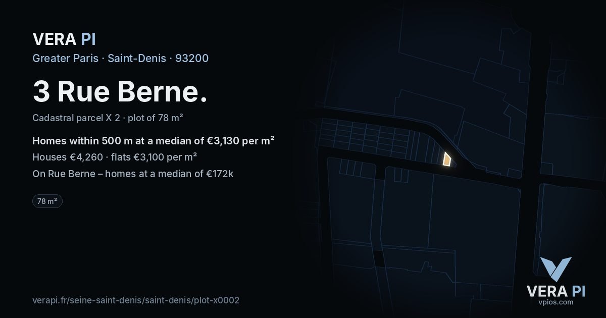 3 Rue Berne, Saint-Denis at night – the plot lit, the parcels around coloured by the prices near them