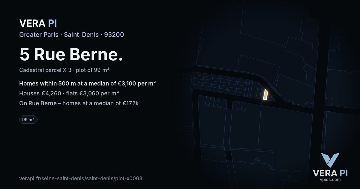 5 Rue Berne, Saint-Denis at night – the plot lit, the parcels around coloured by the prices near them