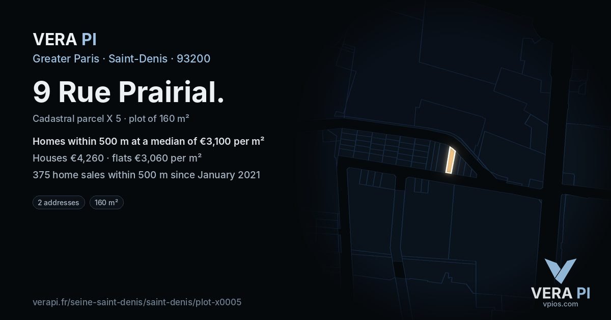 9 Rue Prairial, Saint-Denis at night – the plot lit, the parcels around coloured by the prices near them