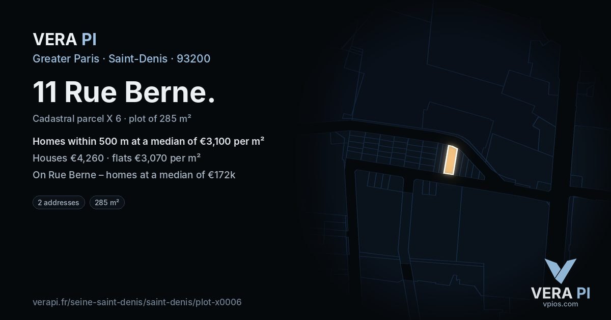 11 Rue Berne, Saint-Denis at night – the plot lit, the parcels around coloured by the prices near them