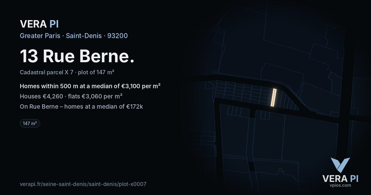 13 Rue Berne, Saint-Denis at night – the plot lit, the parcels around coloured by the prices near them