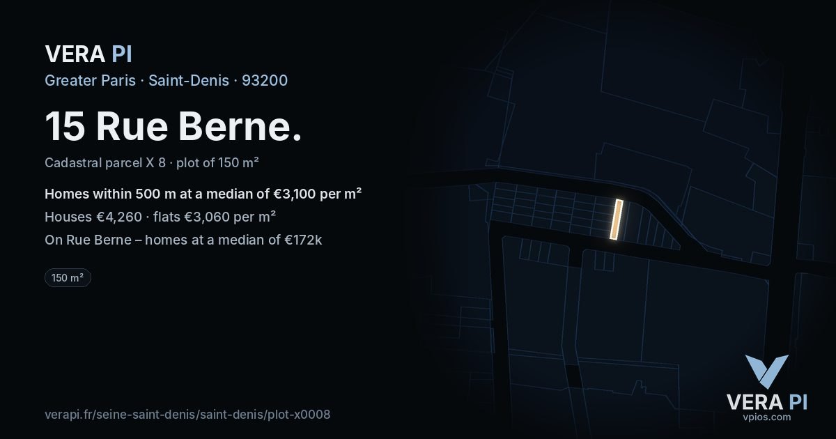 15 Rue Berne, Saint-Denis at night – the plot lit, the parcels around coloured by the prices near them
