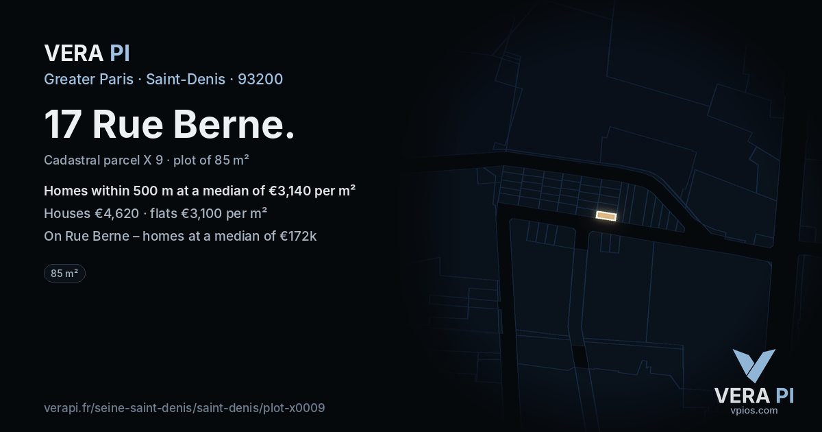 17 Rue Berne, Saint-Denis at night – the plot lit, the parcels around coloured by the prices near them