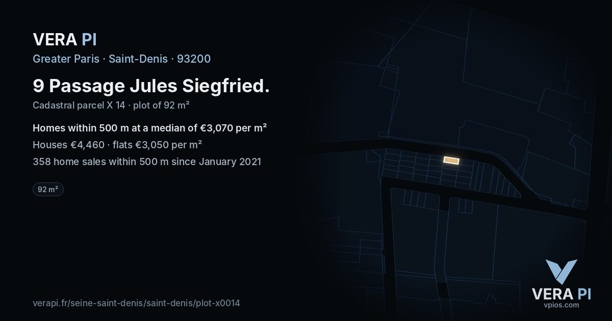 9 Passage Jules Siegfried, Saint-Denis at night – the plot lit, the parcels around coloured by the prices near them