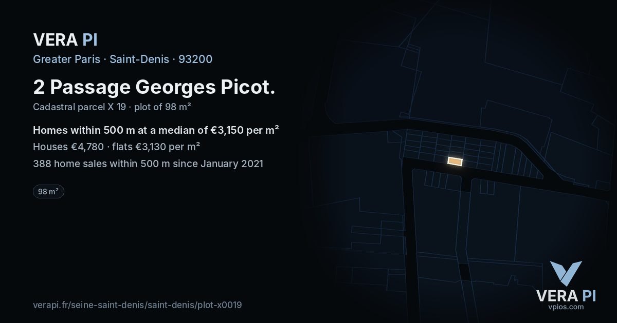 2 Passage Georges Picot, Saint-Denis at night – the plot lit, the parcels around coloured by the prices near them
