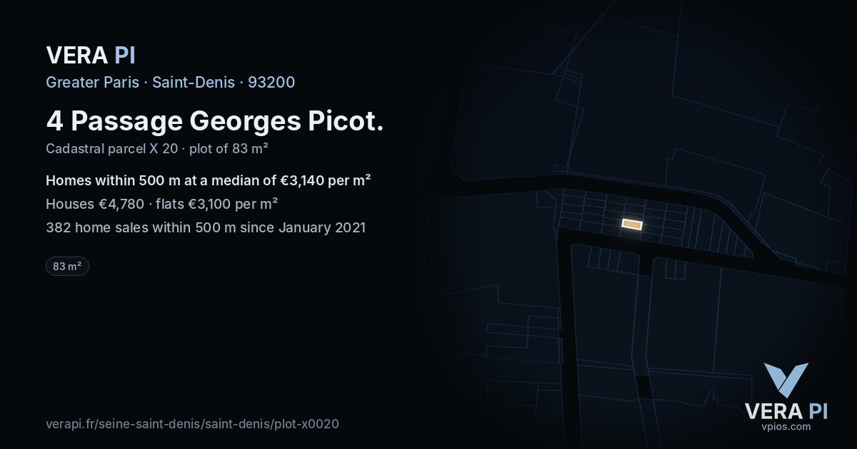 4 Passage Georges Picot, Saint-Denis at night – the plot lit, the parcels around coloured by the prices near them