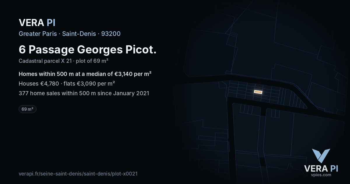 6 Passage Georges Picot, Saint-Denis at night – the plot lit, the parcels around coloured by the prices near them