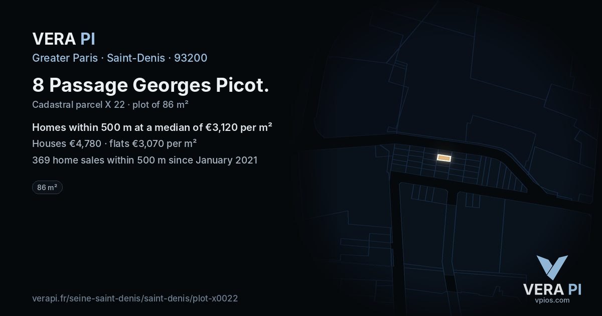 8 Passage Georges Picot, Saint-Denis at night – the plot lit, the parcels around coloured by the prices near them