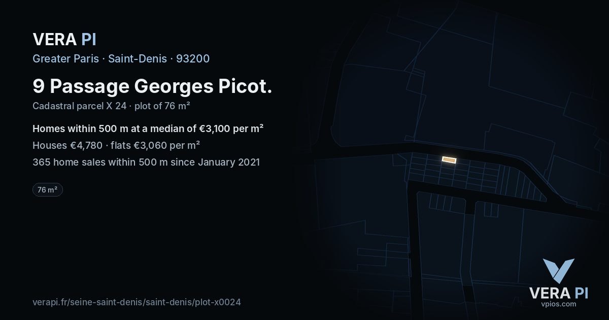 9 Passage Georges Picot, Saint-Denis at night – the plot lit, the parcels around coloured by the prices near them