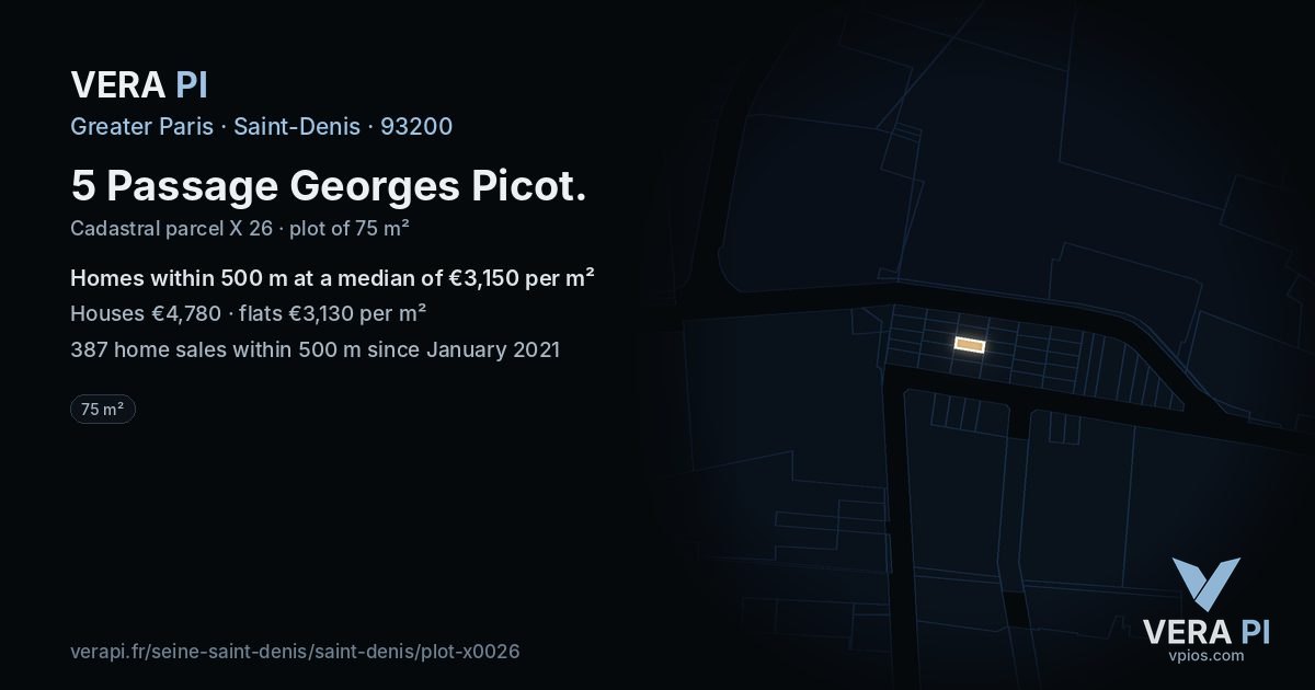 5 Passage Georges Picot, Saint-Denis at night – the plot lit, the parcels around coloured by the prices near them