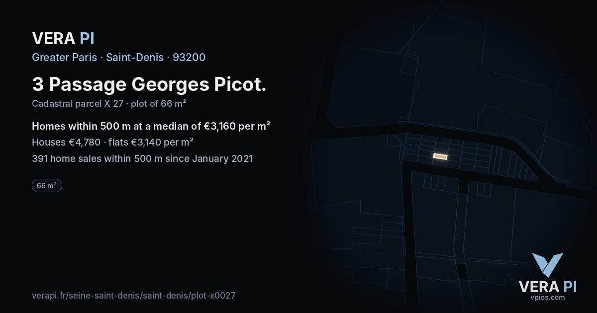 3 Passage Georges Picot, Saint-Denis at night – the plot lit, the parcels around coloured by the prices near them