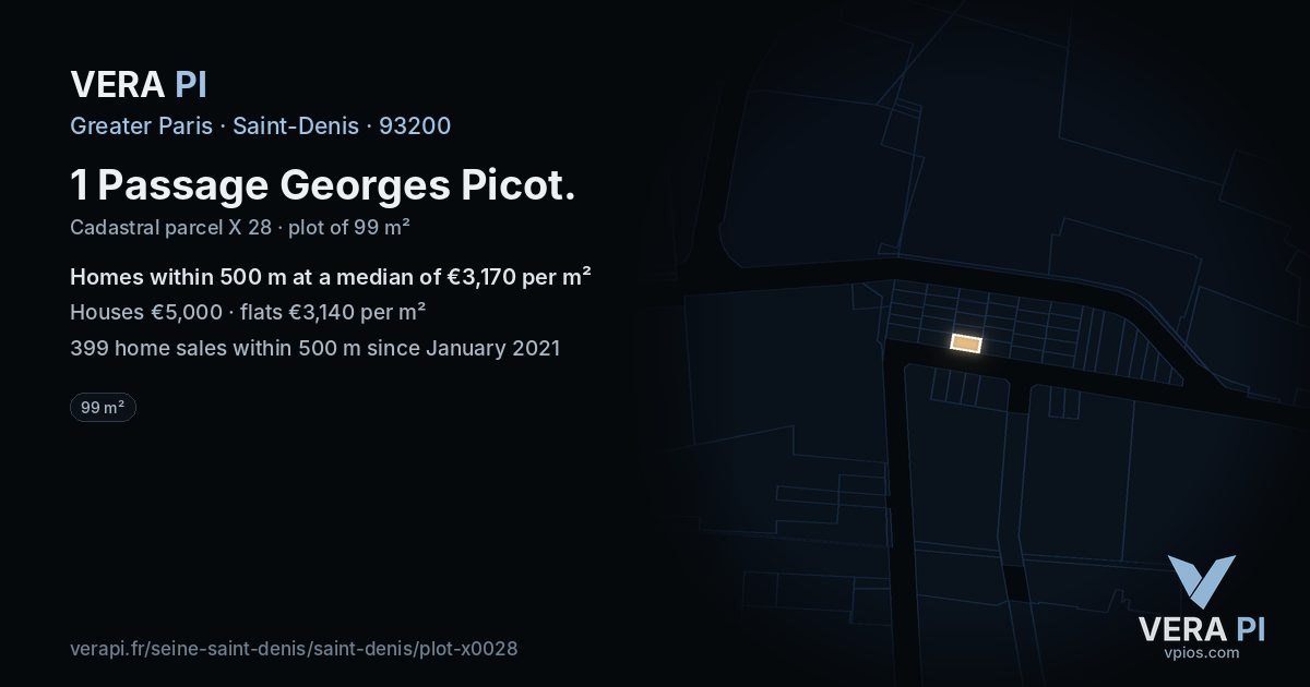 1 Passage Georges Picot, Saint-Denis at night – the plot lit, the parcels around coloured by the prices near them