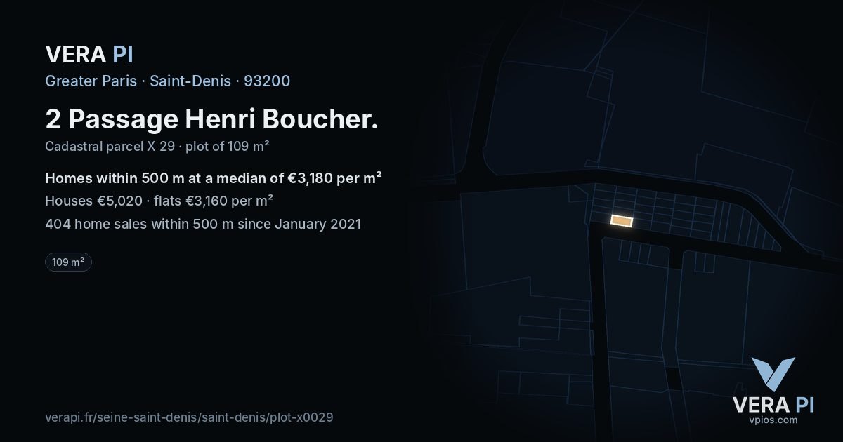2 Passage Henri Boucher, Saint-Denis at night – the plot lit, the parcels around coloured by the prices near them