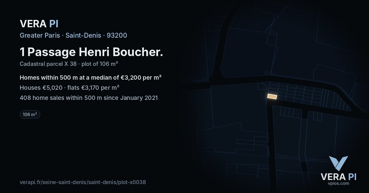 1 Passage Henri Boucher, Saint-Denis at night – the plot lit, the parcels around coloured by the prices near them