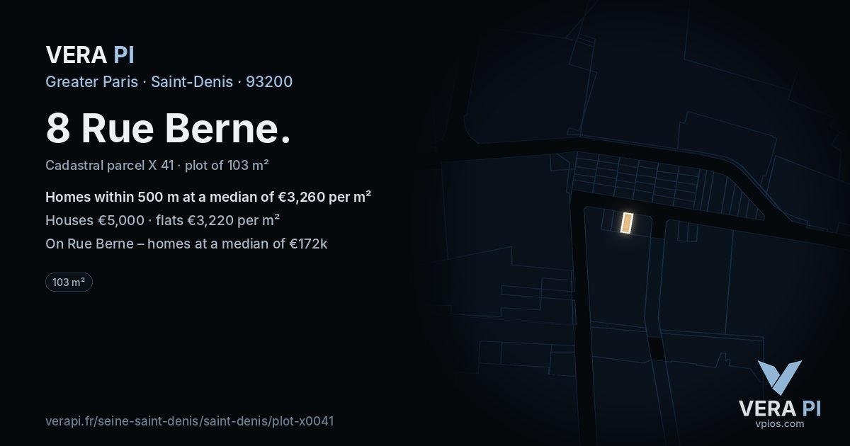 8 Rue Berne, Saint-Denis at night – the plot lit, the parcels around coloured by the prices near them