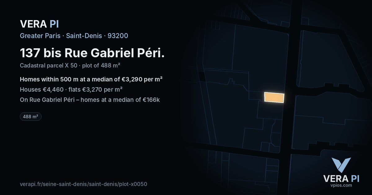 137 bis Rue Gabriel Péri, Saint-Denis at night – the plot lit, the parcels around coloured by the prices near them