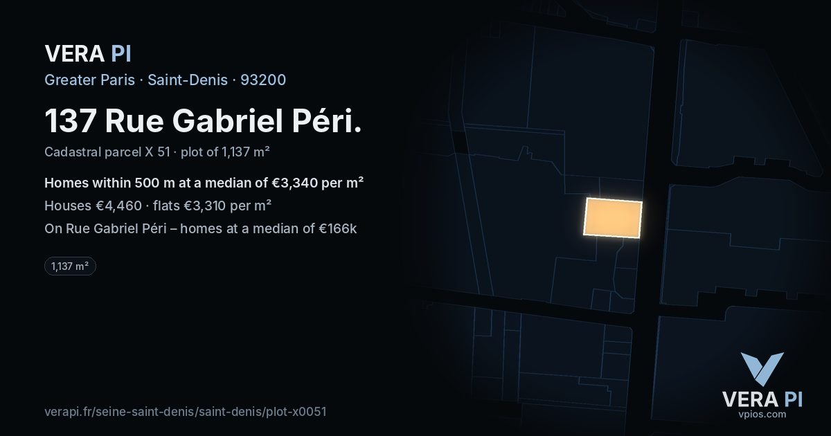 137 Rue Gabriel Péri, Saint-Denis at night – the plot lit, the parcels around coloured by the prices near them
