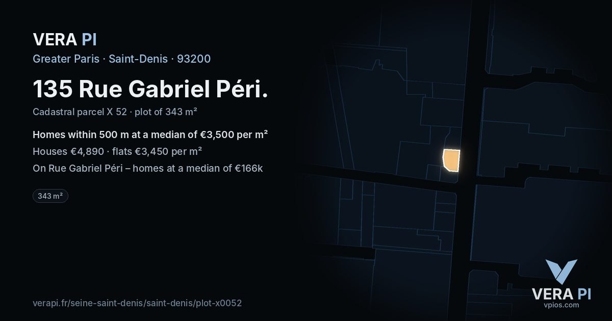 135 Rue Gabriel Péri, Saint-Denis at night – the plot lit, the parcels around coloured by the prices near them