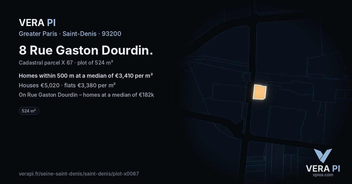 8 Rue Gaston Dourdin, Saint-Denis at night – the plot lit, the parcels around coloured by the prices near them