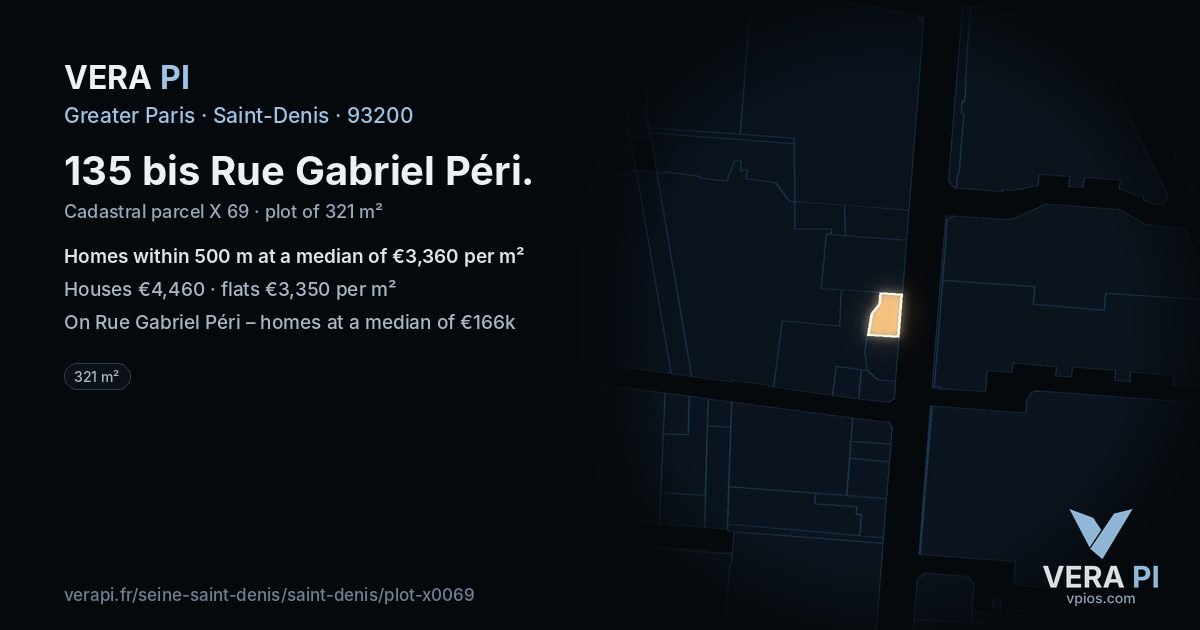 135 bis Rue Gabriel Péri, Saint-Denis at night – the plot lit, the parcels around coloured by the prices near them