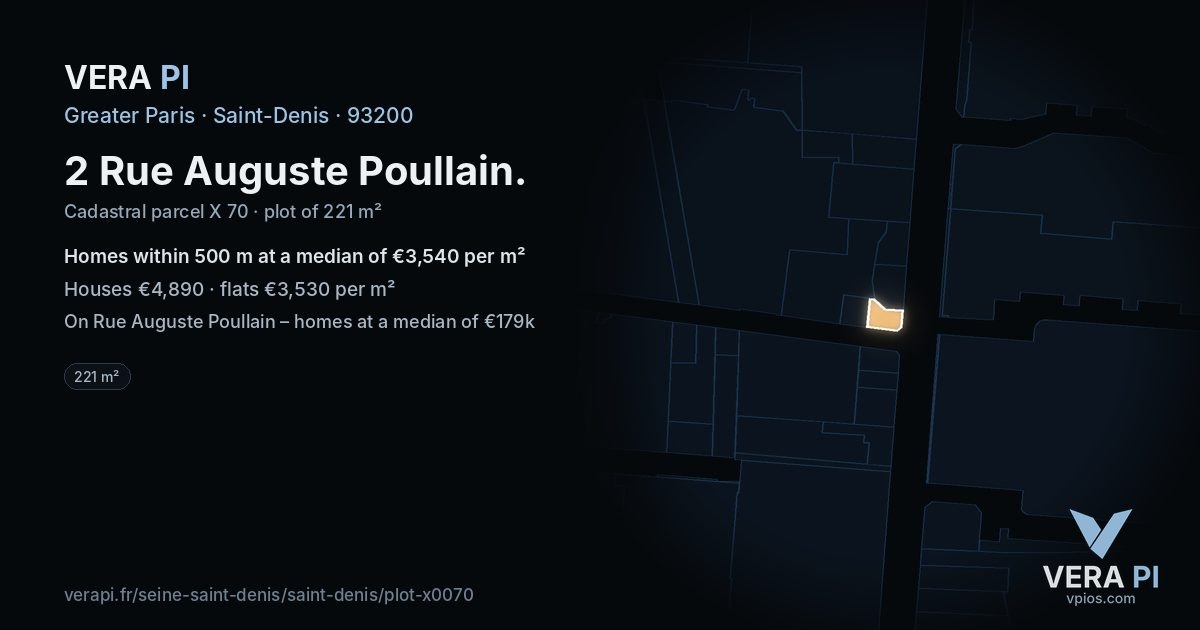 2 Rue Auguste Poullain, Saint-Denis at night – the plot lit, the parcels around coloured by the prices near them