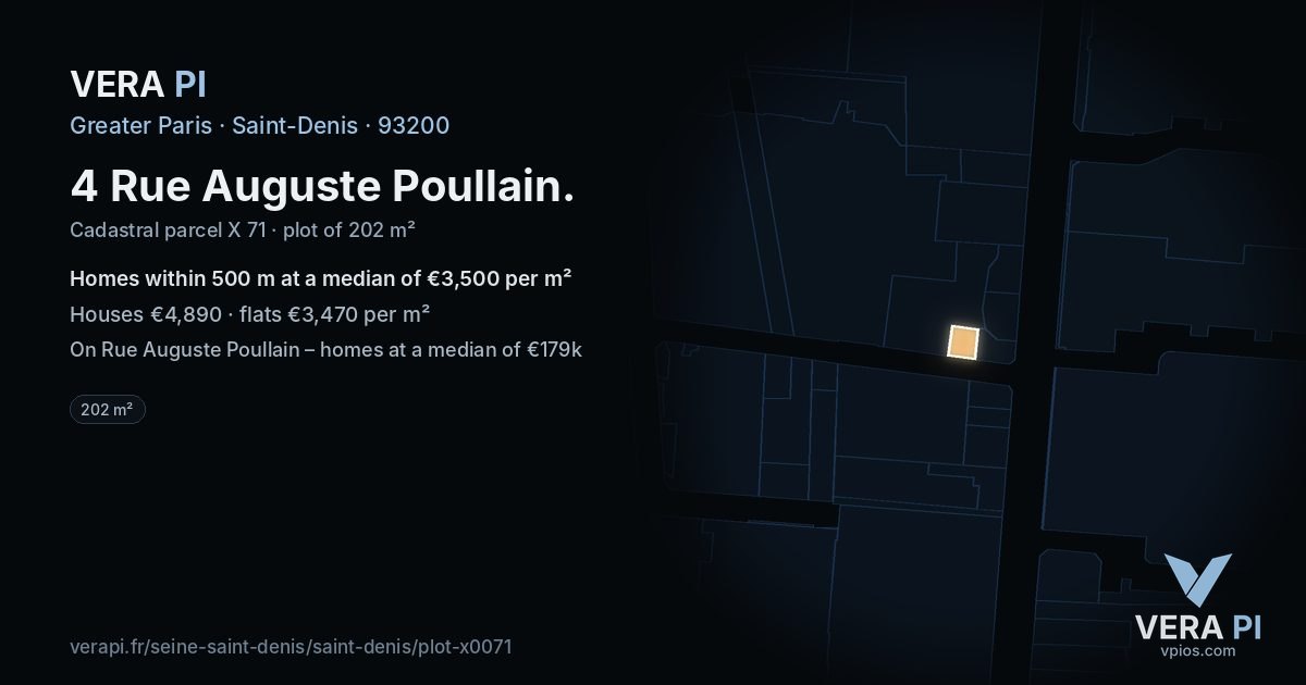 4 Rue Auguste Poullain, Saint-Denis at night – the plot lit, the parcels around coloured by the prices near them