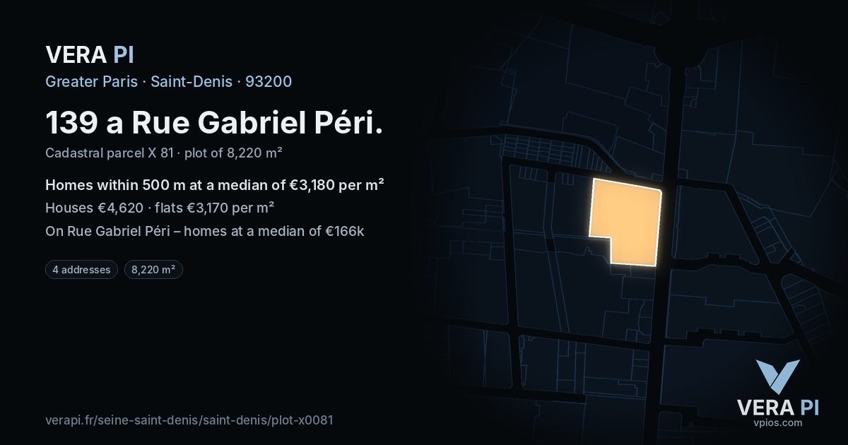 139 a Rue Gabriel Péri, Saint-Denis at night – the plot lit, the parcels around coloured by the prices near them