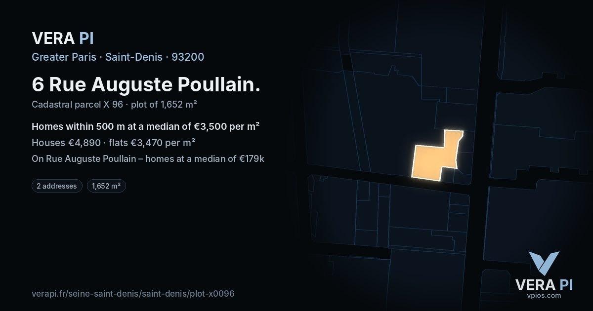 6 Rue Auguste Poullain, Saint-Denis at night – the plot lit, the parcels around coloured by the prices near them