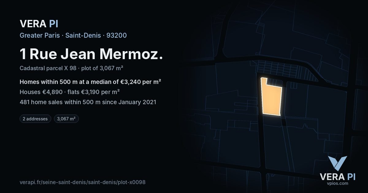 1 Rue Jean Mermoz, Saint-Denis at night – the plot lit, the parcels around coloured by the prices near them