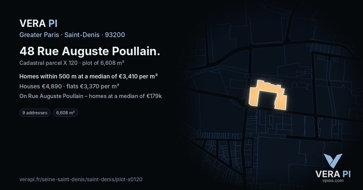 48 Rue Auguste Poullain, Saint-Denis at night – the plot lit, the parcels around coloured by the prices near them