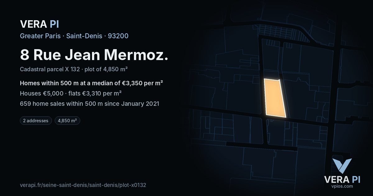 8 Rue Jean Mermoz, Saint-Denis at night – the plot lit, the parcels around coloured by the prices near them