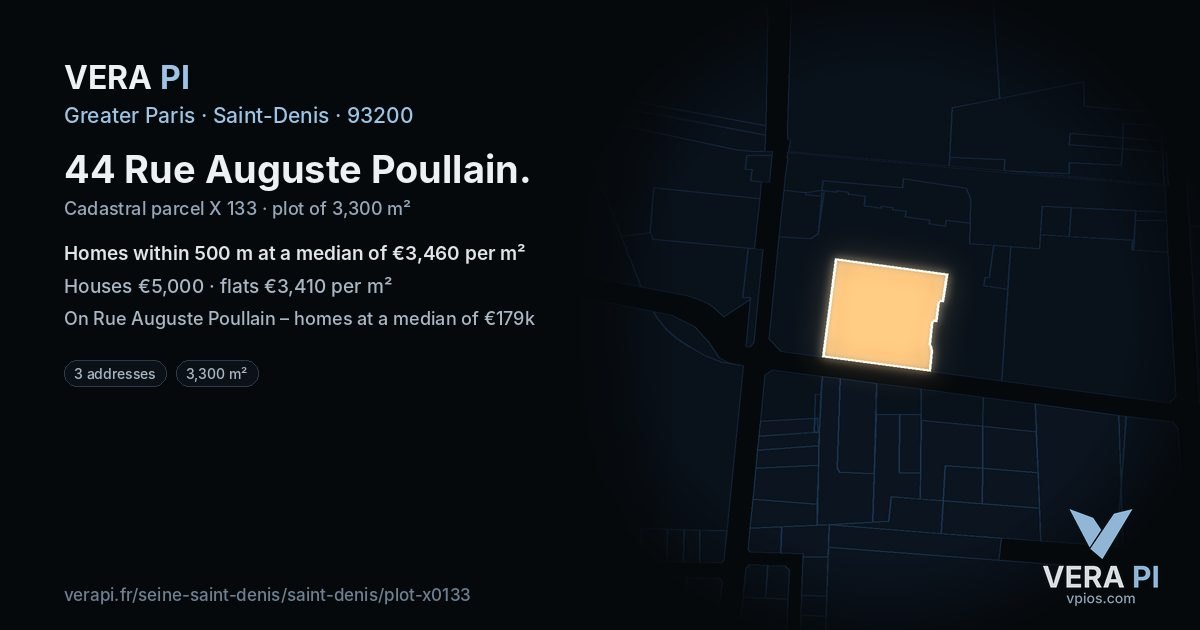 44 Rue Auguste Poullain, Saint-Denis at night – the plot lit, the parcels around coloured by the prices near them