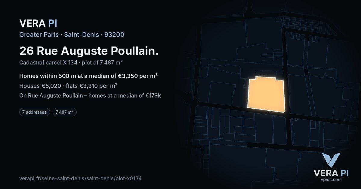 26 Rue Auguste Poullain, Saint-Denis at night – the plot lit, the parcels around coloured by the prices near them