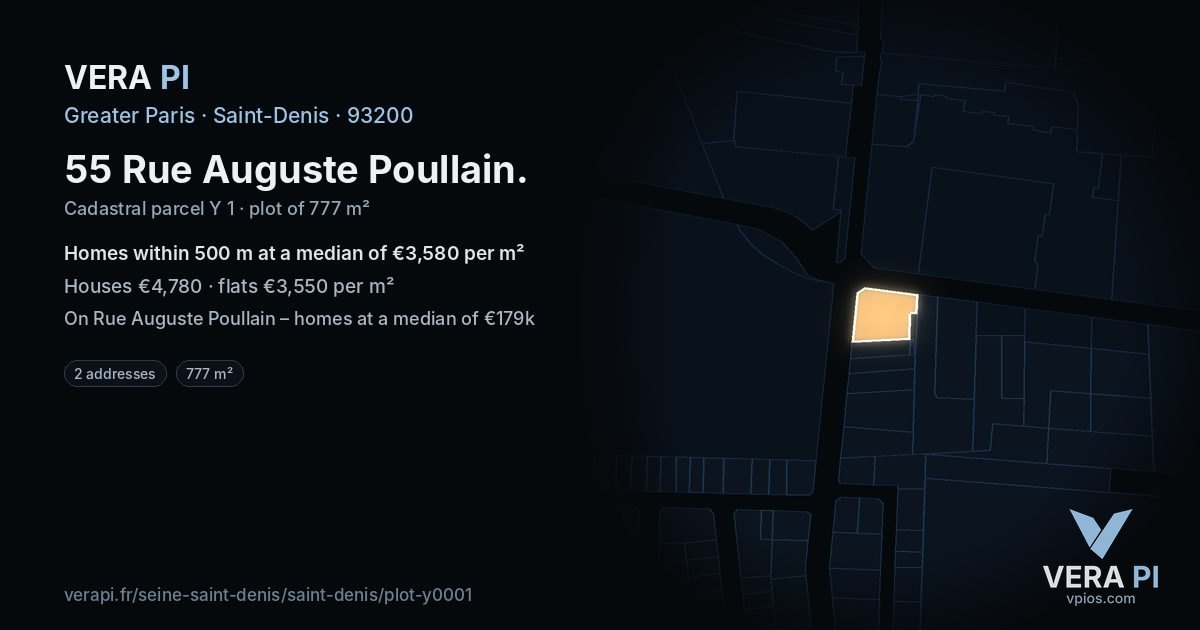 55 Rue Auguste Poullain, Saint-Denis at night – the plot lit, the parcels around coloured by the prices near them