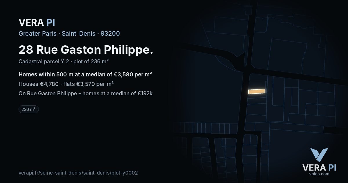 28 Rue Gaston Philippe, Saint-Denis at night – the plot lit, the parcels around coloured by the prices near them