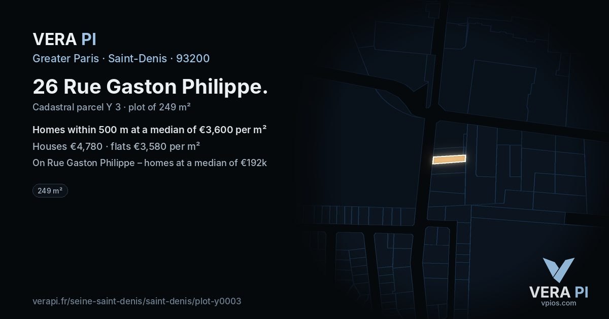 26 Rue Gaston Philippe, Saint-Denis at night – the plot lit, the parcels around coloured by the prices near them