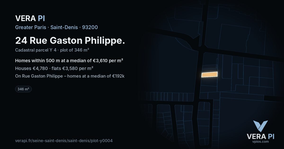 24 Rue Gaston Philippe, Saint-Denis at night – the plot lit, the parcels around coloured by the prices near them