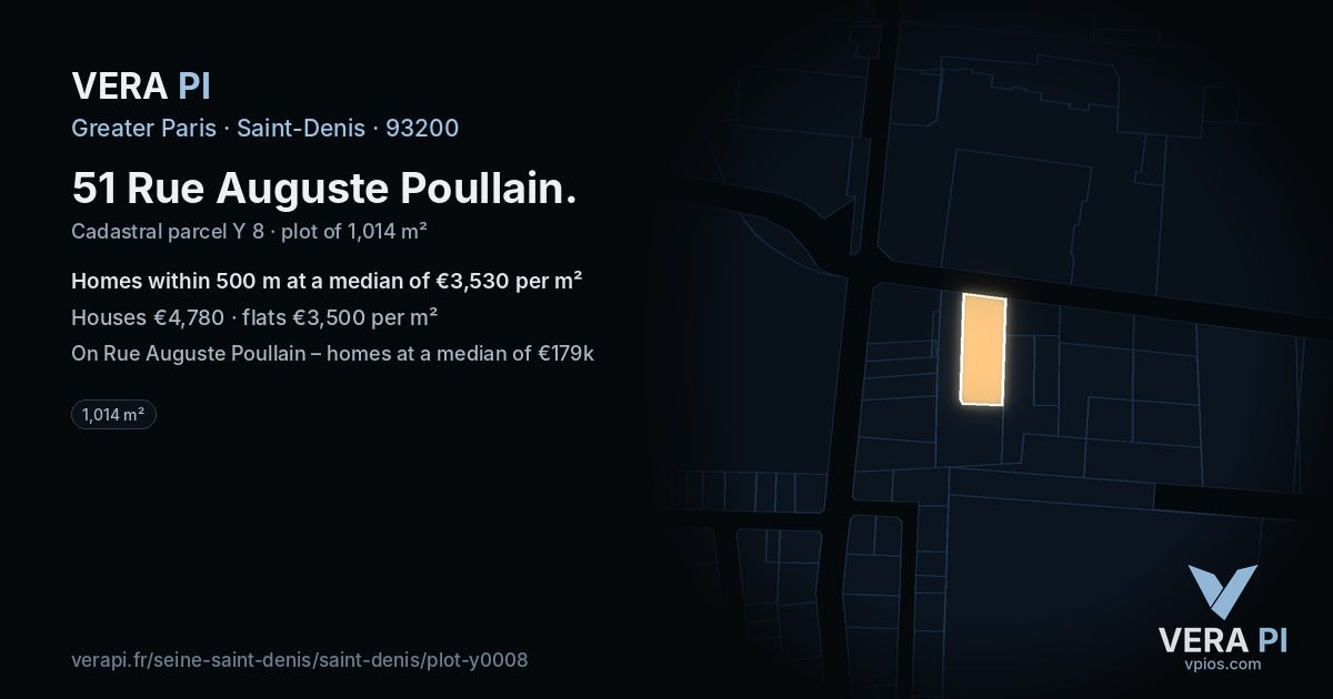 51 Rue Auguste Poullain, Saint-Denis at night – the plot lit, the parcels around coloured by the prices near them