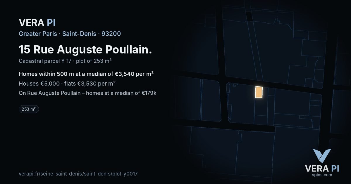 15 Rue Auguste Poullain, Saint-Denis at night – the plot lit, the parcels around coloured by the prices near them