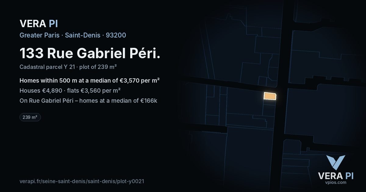 133 Rue Gabriel Péri, Saint-Denis at night – the plot lit, the parcels around coloured by the prices near them