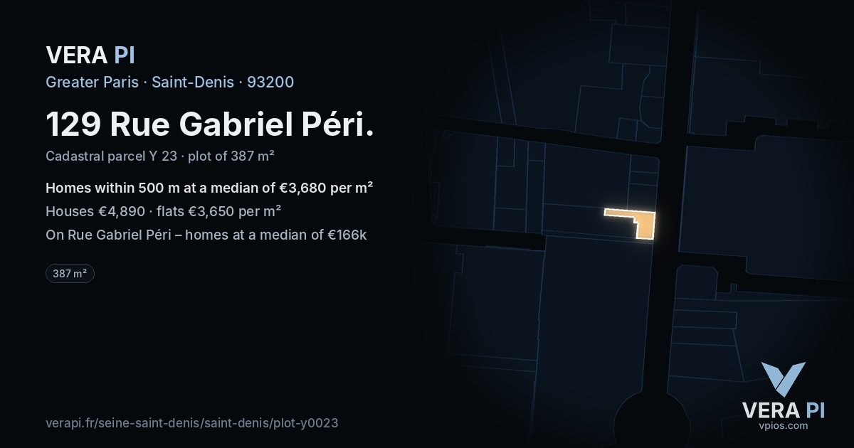 129 Rue Gabriel Péri, Saint-Denis at night – the plot lit, the parcels around coloured by the prices near them