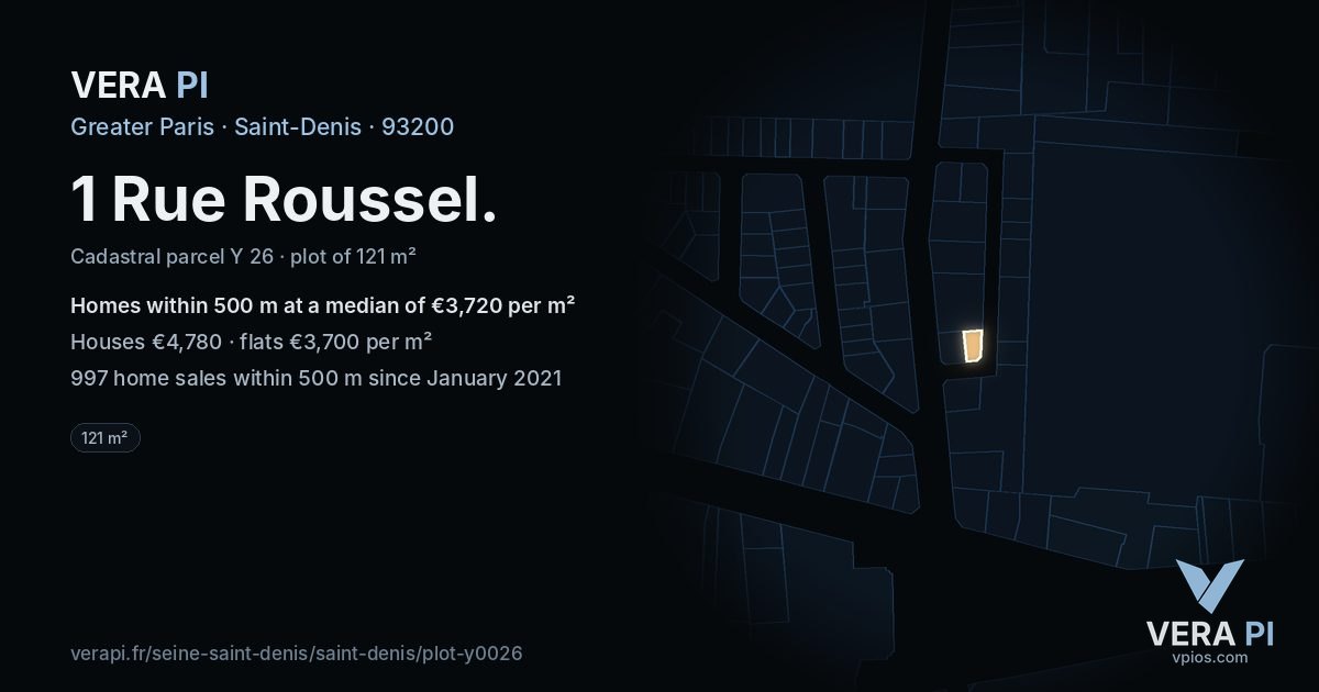 1 Rue Roussel, Saint-Denis at night – the plot lit, the parcels around coloured by the prices near them