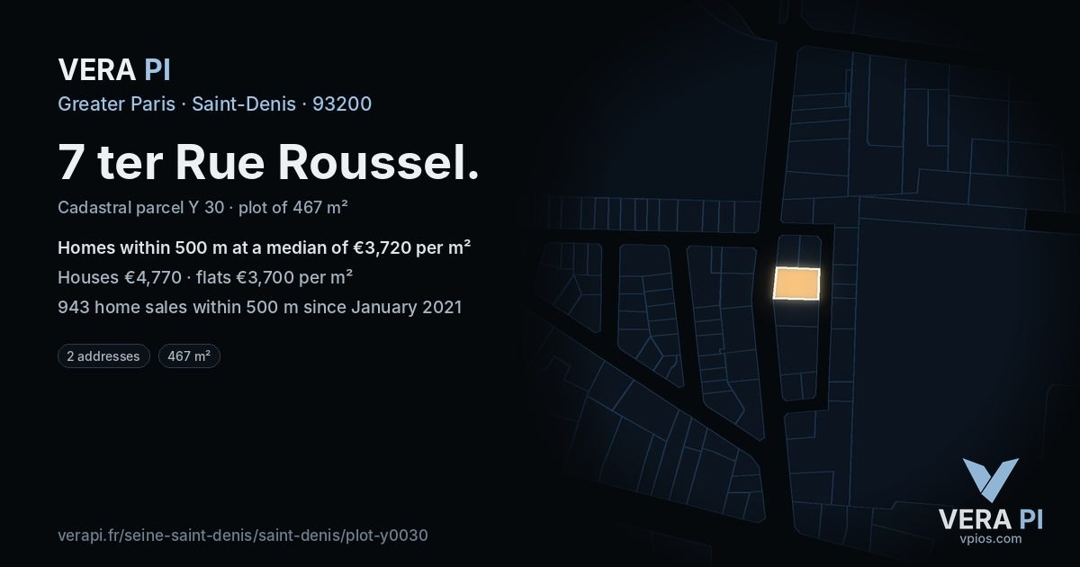 7 ter Rue Roussel, Saint-Denis at night – the plot lit, the parcels around coloured by the prices near them