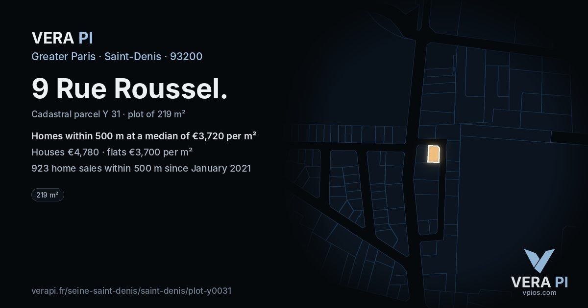 9 Rue Roussel, Saint-Denis at night – the plot lit, the parcels around coloured by the prices near them