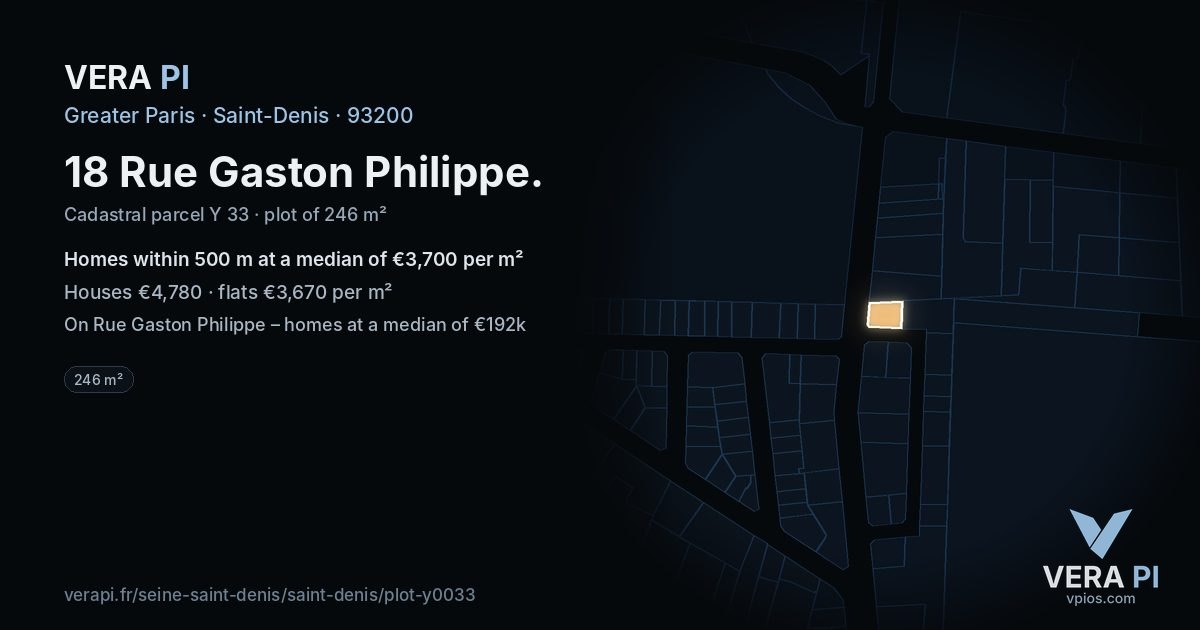 18 Rue Gaston Philippe, Saint-Denis at night – the plot lit, the parcels around coloured by the prices near them