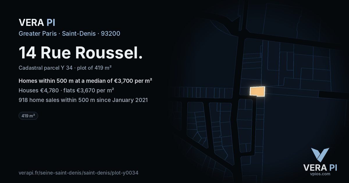 14 Rue Roussel, Saint-Denis at night – the plot lit, the parcels around coloured by the prices near them
